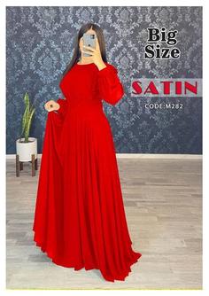 پیراهن ماکسی مجلسی چیندار زنانه SATIN 282 بیگ سایز 46 تا 52 جنس و قیمت عالی - قرمز