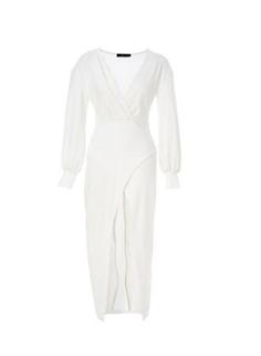 لباس مجلسی اسپلیت جلوی آستین مجلسی بلند زنانه یقه V، سفید