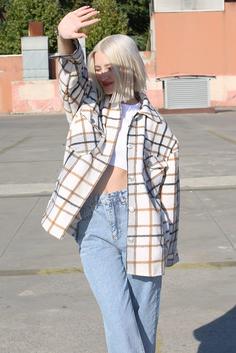 ژاکت طرح چهارخانه یقه پیراهنی مدل قواره دار آستین بلند جیب دار زنانه مدمکست Madmext (ساخت ترکیه)