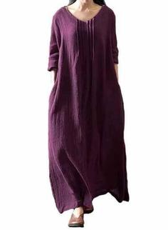 لباس آستین بلند پاییزی نخی رترو بوهو ماکسی G9543PU بنفش