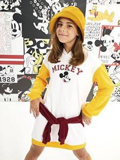 پیراهن روزمره دختربچه سفید السی وایکیکی W2AF88Z4 ا Kapüşonlu Mickey Mouse Baskılı Uzun Kollu Kız Çocuk Elbise
