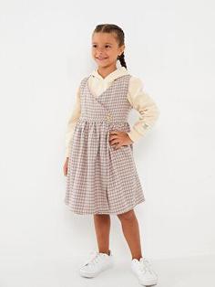 پیراهن روزمره دختربچه قهوه ای السی وایکیکی W24300Z4 ا V Yaka Ekose Kız Çocuk Elbise