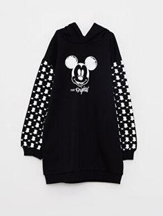 پیراهن روزمره دختربچه سیاه السی وایکیکی W28804Z4 ا Kapüşonlu Mickey Mouse Baskılı Uzun Kollu Kız Çocuk Elbise