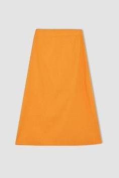 دامن بلند زنانه نارنجی دیفاکتو X8937AZ22SM ا Straight Fit Normal Bel Keten Karışımlı Midi Etek