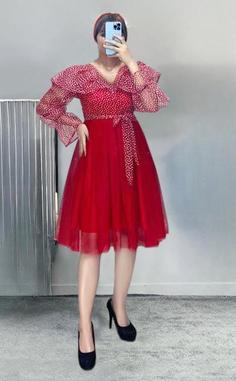 لباس مجلسی و شب کوتاه مدل نیل - قرمز / سایز(3)46-48 ا Dress and long night