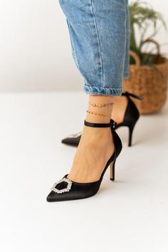 کفش پاشنه دار زنانه با سنگ ساتن مشکی لیمار ی نوک تیز برند Lİmar Shoes