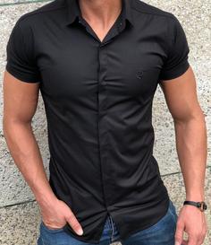 پیراهن آستین کوتاه مشکی ساتن کش با تضمین کیفیت - XL ا Short sleeve black satin shirt with quality guarantee