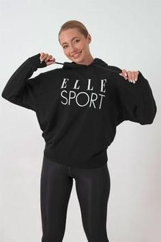 سوییشرت زنانه سیاه برند elle 60000-41 ا Sport Beyaz Baskılı Cepli Kadın Kapüşonlu Sweatshirt