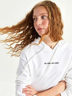 سوییشرت زنانه سفید برند XSIDE ا Kapüşonlu Yazı Baskılı Uzun Kollu Kadın Sweatshirt