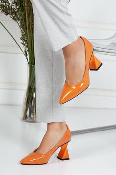 کفش پاشنه بلند مناسب زنانه نسخه ویژه پاشنه سبک استایلتو لوکس چرم چروک شده نارنجی برند Juseshoes