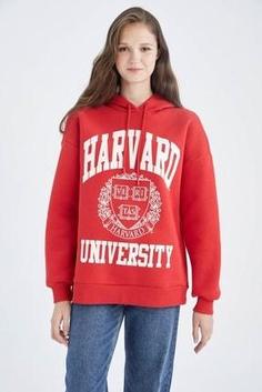 هودی زنانه قرمز دیفاکتو Y6857AZ22AU ا Harvard University Lisanslı Kanguru Cepli Oversize Fit Kapüşonlu Baskılı Kalın Kumaş Sweatshirt