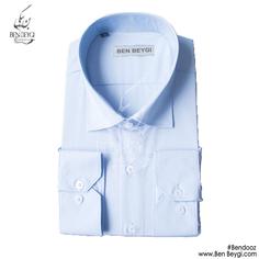 پیراهن مردانه رنگ آبی روشن یقه برگردان آستین بلند ساده تک جیب پارچه تترون کد 20292