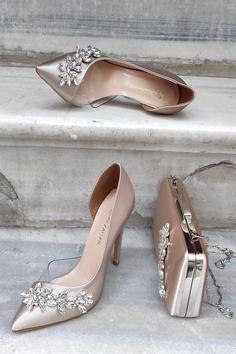 کفش زنانه پاشنه دار سنگی ستاره شفاف کناری ی ست کیف ساتن ده ساتن برند LA CALZATURE