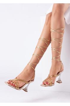 کفش زنانه پاشنه نازک شفاف بنددار رنگ طلایی برند FORS SHOES