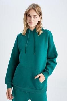 هودی زنانه سبز دیفاکتو M3417AZ22WN ا Kapüşonlu Basic Kanguru Cepli Oversize Fit Sweatshirt