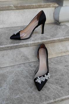 کفش زنانه پاشنه دار سنگی ساتن مشکی ساتن ی شفاف برند LA CALZATURE