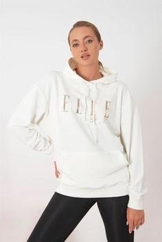 سوییشرت زنانه سفید برند elle 60000-20 ا Sport Yaldızlı Cepli Kadın Kapüşonlu Sweatshirt