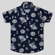پیراهن هاوایی سورمه ای مردانه طرح چینی کد 124033-14