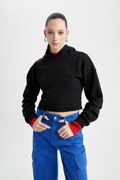 خرید اینترنتی هودی زنانه سیاه دفکتو Z9509AZ22AU ا Bisiklet Yaka Kapüşonlu Basic Crop Sweatshirt