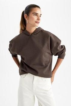هودی زنانه قهوه ای دیفکتو Z4537AZ22SM ا Oversize Fit Basic Kapüşonlu Sweatshirt