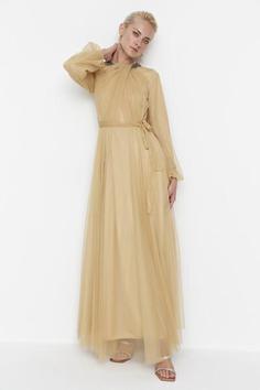 لباس مجلسی بلند زنانه توری آستین بادکنکی یقه سنگی طلایی برند Trendyol Modest