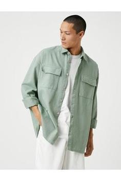 خرید اینترنتی پیراهن آستین بلند مردانه سبز کوتون 3SAM60013HW ا Basic Gömlek Ceket Klasik Yaka Düğmeli Cep Detaylı