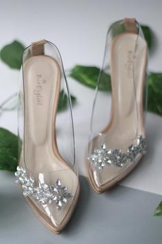 کفش پاشنه دار رنگ پوست رنگ پوست دراپ سنگ شفاف زنانه برند BirEylül Shoes