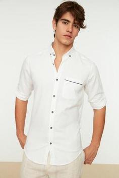 پیراهن آستین کوتاه مردانه سفید برند trendyol man TMNSS20GO0125 ا Beyaz Erkek Tek Cepli Düğmeli Yaka Slim Fit Gömlek TMNSS20GO0125