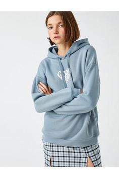 هودی زنانه آبی کوتون 3WAL10045IK ا Baskılı Sweatshirt Kapüşonlu