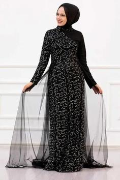 لباس شب بلند زنانه گیپور پولک دار دنباله توری مشکی نقره ای برند Neva Style