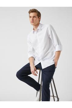 پیراهن آستین بلند مردانه سفید کوتون ا Regular Fit Basic Gömlek