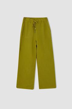 شلوار راحتی زنانه سبز دیفاکتو ا Geniş Paça Yüksek Bel Cepli Keten Karışımlı Pantolon