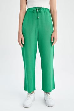 شلوار راحتی زنانه سبز دیفاکتو ا Geniş Paça Yüksek Bel Cepli Keten Karışımlı Pantolon