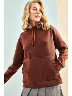 سوییشرت زنانه قهوه ای برند SHADE ا Kapüşonlu Düz Uzun Kollu Kadın Sweatshirt