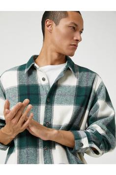 پیراهن آستین بلند مردانه سبز کوتون ا Oduncu Gömleği Klasik Yaka Uzun Kollu