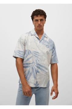 پیراهن آستین کوتاه مردانه آبی برند mango ا Erkek Mavi Regular Kesim Desenli Pamuklu Gömlek