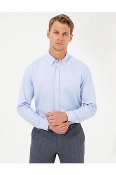 پیراهن آستین بلند مردانه برند pierre cardin ا Açık Mavi Slim Fit Oxford Gömlek