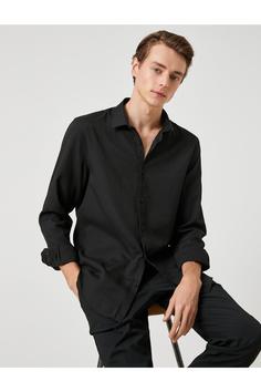 پیراهن آستین بلند مردانه سیاه کوتون ا Basic Gömlek Klasik Yaka Uzun Kollu