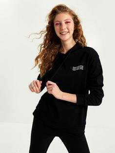 سوییشرت زنانه سیاه برند XSIDE ا Kapüşonlu Yazı Baskılı Uzun Kollu Kadın Sweatshirt