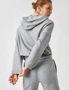 هودی زنانه طوسی کوتون ا Kapüşonlu Fitilli Oversize Sweatshirt