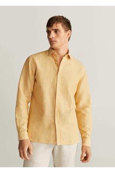 پیراهن آستین بلند مردانه زرد مانگو ا Erkek Sarı Regular Kesim Pamuk-Keten Karışımlı Gömlek 67006303