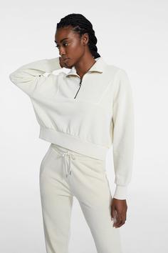 سوییشرت زنانه سفید استرادیواریوس ا Yakası Fermuarlı Soluk Efektli Sweatshirt