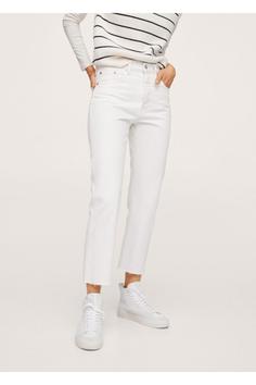شلوار جین زنانه سفید مانگو ا Kadın Beyaz Yüksek Belli Kısa Paçalı Düz Kesim Jean