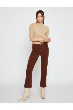 شلوار جین زنانه قهوه ای کوتون ا Ispanyol Crop Paça Kot Pantolon Dar Kesim - Victoria Crop Jean