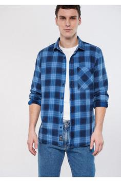 پیراهن آستین بلند مردانه آبی ماوی ا Kareli Gömlek 0210535-83947