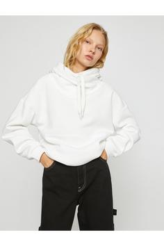 هودی زنانه سفید کوتون ا Kapüşonlu Basic Sweatshirt
