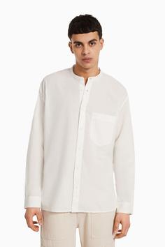 پیراهن آستین بلند مردانه سفید برشکا ا Keten Karışımlı Kumaştan Uzun Kollu Gömlek