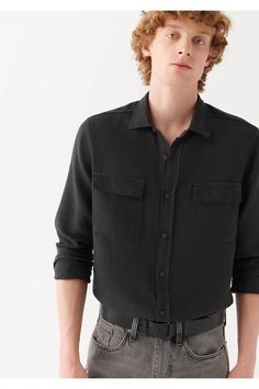 پیراهن آستین بلند مردانه سیاه ماوی ا Çift Cepli Erkek Gömlek M0210203-9