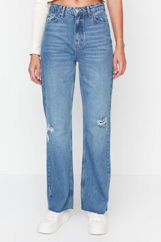 شلوار جین زنانه آبی برند trendyolmilla ا Mavi Yırtık Detaylı Yüksek Bel Wide Leg Jeans TWOAW23JE00072