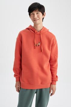 هودی مردانه نارنجی دفکتو ا Boxy Fit Kapüşonlu Baskılı Içi Yumuşak Tüylü Sweatshirt